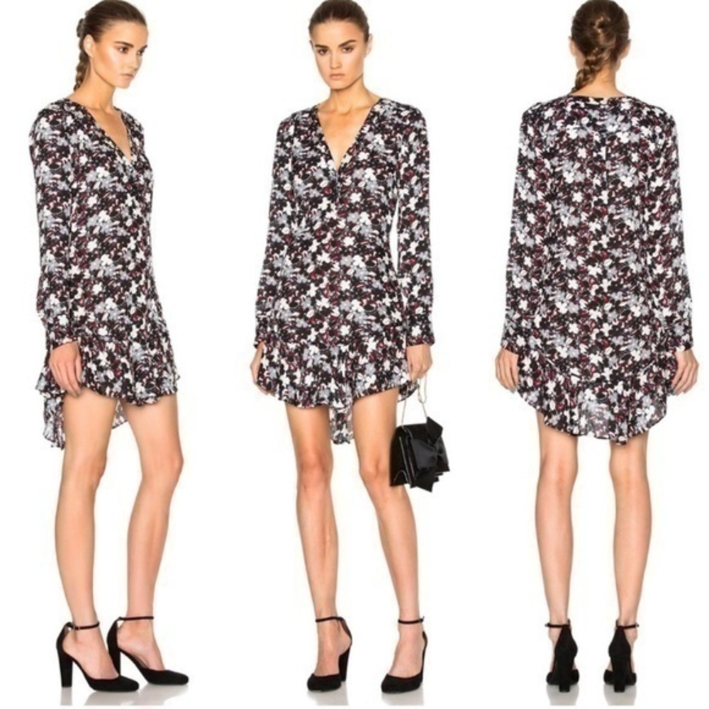 Veronica Beard Franklin Silk Floral Print V Neck Ruffle‎ Hem Above Knee Dress 8